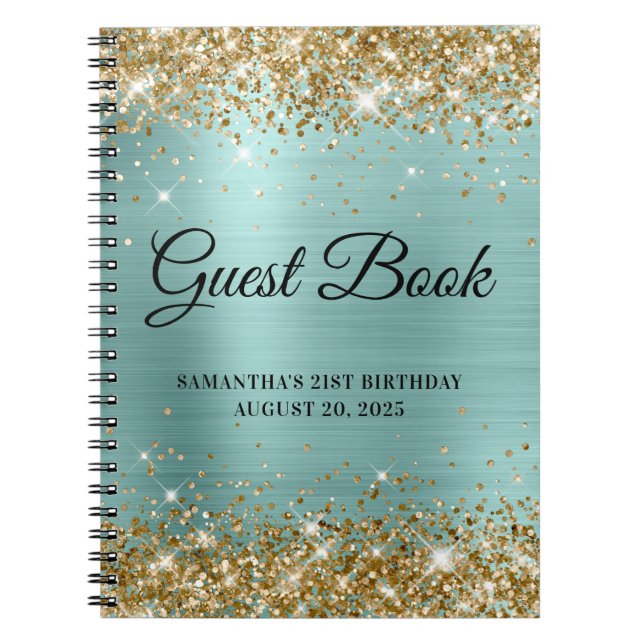 Guld Glitter Blek Turquise 21:a Bday Guestbook Anteckningsbok (Framsidan)