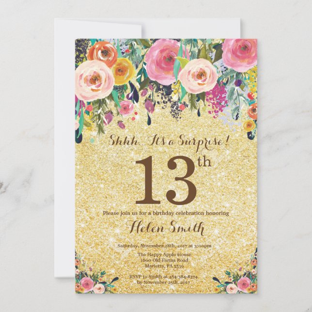 Guld Glitter Blommig Överraskning 13-årsdag Inbjudningar (Framsida)