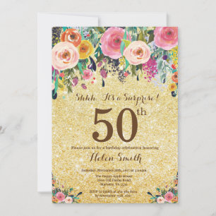 Guld Glitter Blommig Överraskning 50-årsdag Inbjudningar