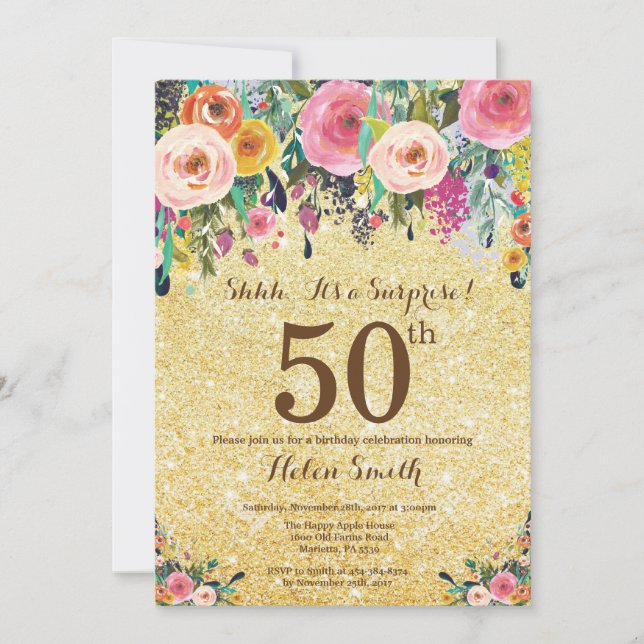 Guld Glitter Blommig Överraskning 50-årsdag Inbjudningar (Framsida)