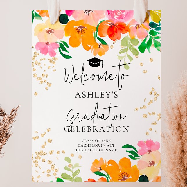 Guld glitter blommigt, botaniskt studenten välkomn poster (Gold glitter floral botanical graduation welcome poster)