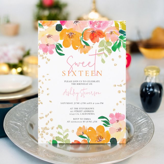 Guld glitter blommigt fotobotaniskt sötningsmedel  inbjudningar (Gold glitter floral photo botanical Sweet 16 Invitation)