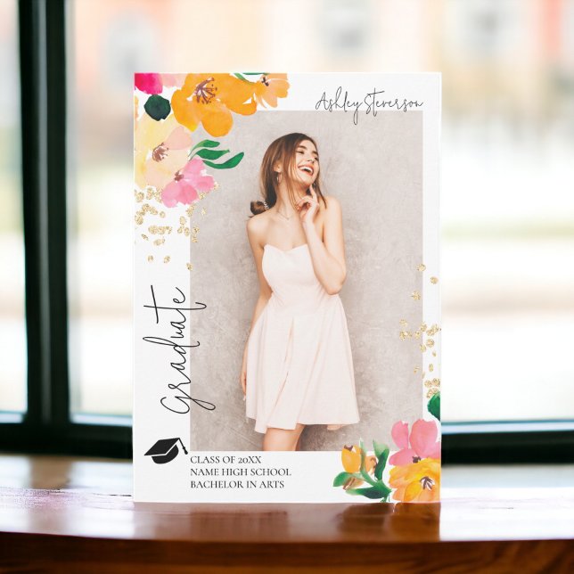 Guld glitter blommigt fotobotaniskt studenten meddelande (Gold glitter floral photo botanical graduation announcement)