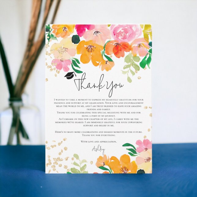 Guld glitter blommigt fotobotaniskt studenten tack kort (Gold glitter floral photo botanical graduation thank you card)
