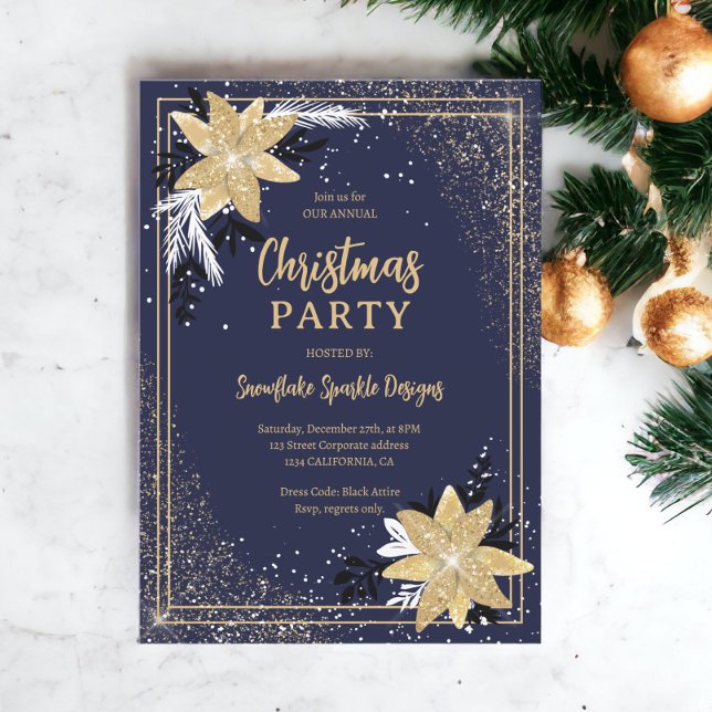 Guld glitter blommigt - marinblått korprjul inbjudningar (Gold glitter floral navy blue Corporate Christmas Invitation)