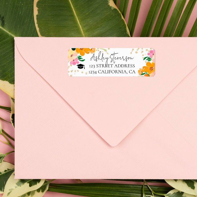 Guld glitter blommigt orange  botaniska studenten returadress etikett (Gold glitter floral orange botanical graduation label)