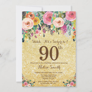 Guld Glitter Blommigt Överraskande 90:e födelsedag Inbjudningar