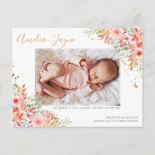Guld Glitter Blommigt Photo Girl Birth Notice Vykort