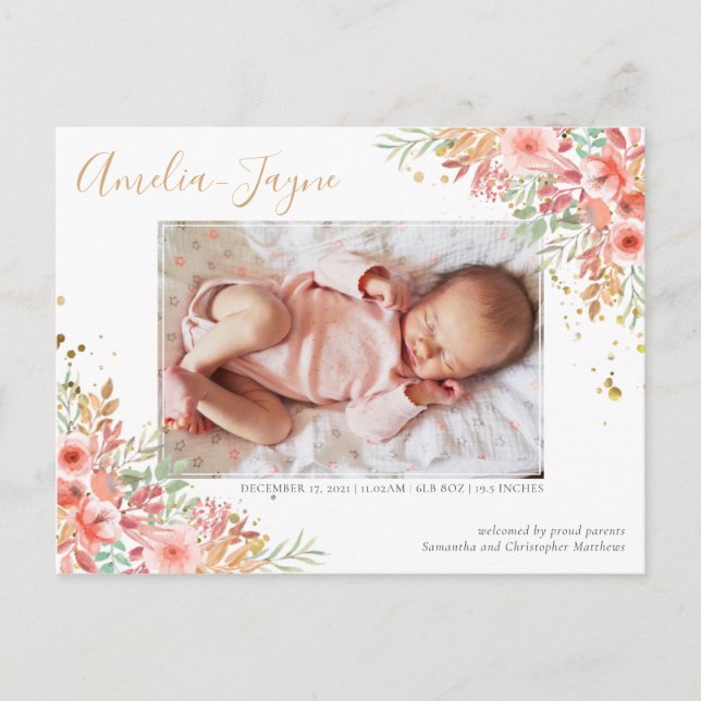 Guld Glitter Blommigt Photo Girl Birth Notice Vykort (Framsida)