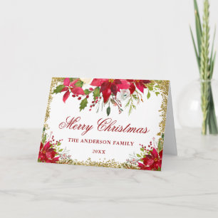 Guld Glitter Blommigt Red Poinsettia Julfest Helgkort