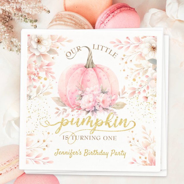 Guld Glitter Blommigt Ro Girl Pumpkin 1:a födelsed Pappersservett (Skapare uppladdad)