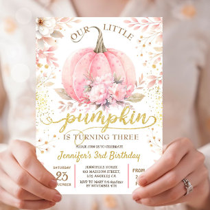 Guld Glitter Blommigt Ro Girl Pumpkin 3rd Birthday Inbjudningar