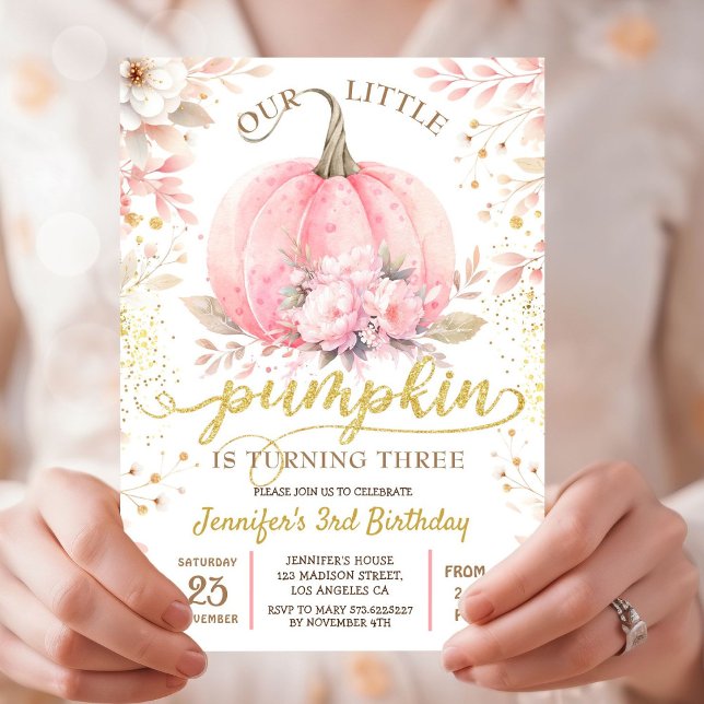 Guld Glitter Blommigt Ro Girl Pumpkin 3rd Birthday Inbjudningar (Skapare uppladdad)