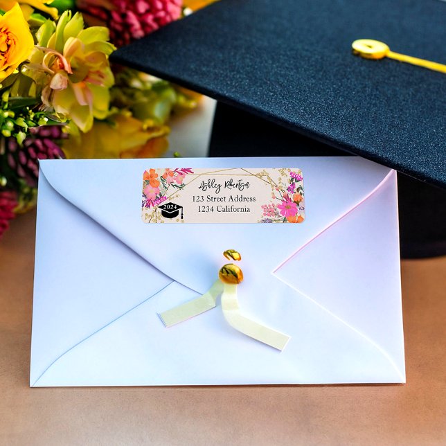 Guld glitter blommigt studenten returadress etikett (Gold glitter floral watercolor graduation label)