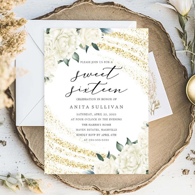 Guld Glitter Blommigt Sweet sixteen 16 födelsedag Inbjudningar (Skapare uppladdad)