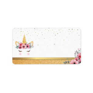 Guld Glitter Blommigt Unicorn Horn Birthday Baby Adressetikett