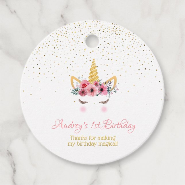 Guld Glitter | Blommigt Unicorn Horn Birthday Baby Gåvor Etiketter (Framsida)