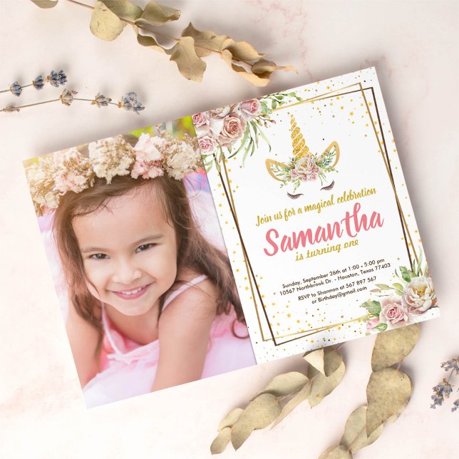 Guld Glitter | Blommigt Unicorn Horn Birthday Phot Inbjudningar (Skapare uppladdad)