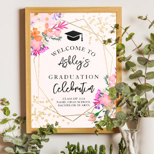 Guld glitter, blommigt, vattenfärg studenten välko poster