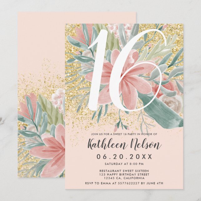 Guld Glitter blommigt, vattenfärg  sweet sixteen Inbjudningar (Fram/baksida)