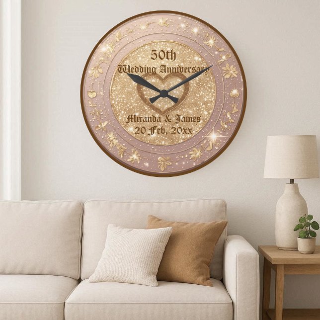 Guld Glitter Blommotiv 50-års Bröllopsjubileum Stor Klocka (Gold Glitter Floral Motif 50th Wedding Anniversary Large Clock)