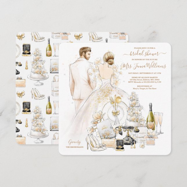 Guld Glitter Blonde Bride Möhippa Inbjudningar (Fram/baksida)