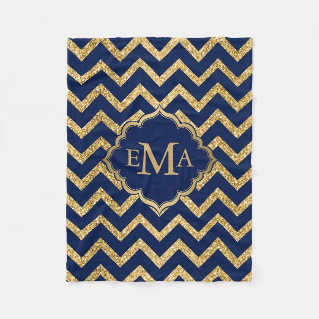 Guld Glitter Blue Chevron Zigzag Mönster Monogram Fleecefilt (Framsidan)