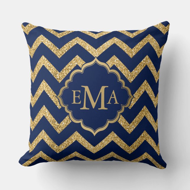 Guld Glitter Blue Chevron Zigzag Mönster Monogram Kudde (Framsida)