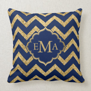 Guld Glitter Blue Chevron Zigzag Mönster Monogram Kudde