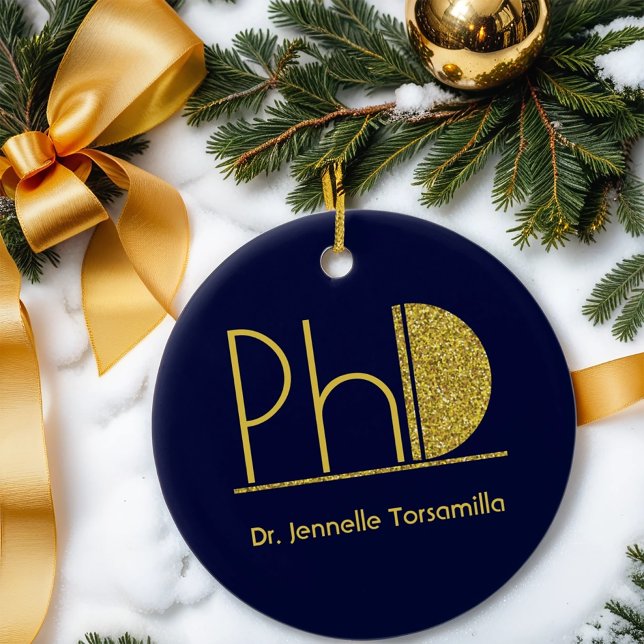 Guld Glitter Blue PhD Studenten Julgransprydnad Keramik (Get this keepsake ornament for your PhD graduate.)