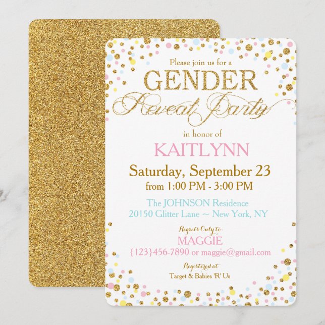 Guld Glitter Blue Rosa Gult Sprinkle Baby Shower Inbjudningar (Fram/baksida)