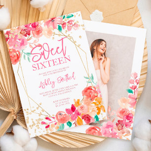Guld glitter boho blommigt vattenfärgsfoto Söt 16 Inbjudningar