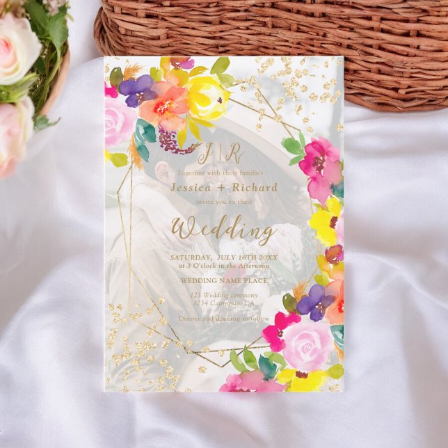 Guld glitter boho fet blommigt 2 foton bröllop inbjudningar (Gold glitter boho bold floral 2 photos wedding invitation)