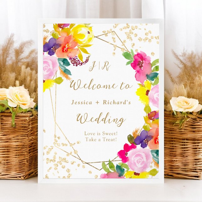 Guld glitter boho fet blommigt bröllop välkommen poster (Gold glitter boho bold floral wedding welcome poster)