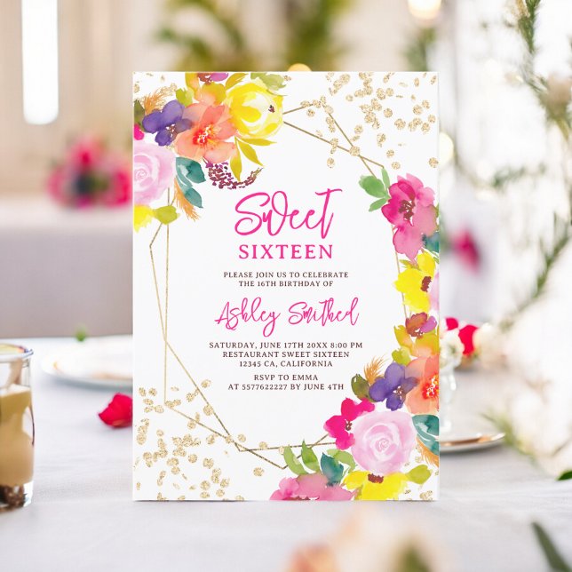 Guld glitter boho fet blommigt foto Söt 16 Inbjudningar (Gold glitter boho bold floral photo Sweet 16 Invitation)