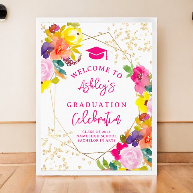 Guld glitter boho fet blommigt studenten välkommen poster (Gold glitter boho bold floral graduation welcome poster)