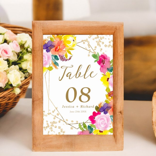Guld glitter boho fet blommigt vattenfärgsfärgad c bordsnummer (Gold glitter boho bold floral watercolor chic table number)