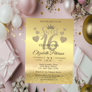 Guld Glitter Bokeh Ombre, Tiara, Söt 16 Fests Inbjudningar