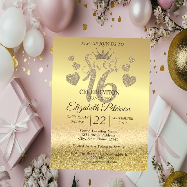 Guld Glitter Bokeh Ombre, Tiara, Söt 16 Fests Inbjudningar (Skapare uppladdad)