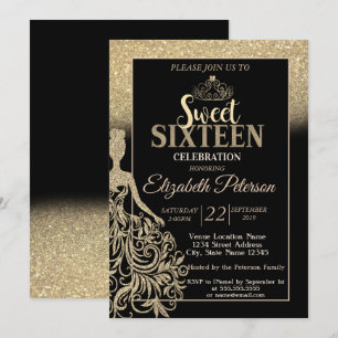 Guld Glitter Bokeh Ombre, Tiara, Söt 16 Fests Inbjudningar
