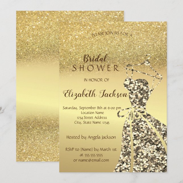 Guld Glitter Bokeh, Pailletter Klänning Bröllopsdu Inbjudningar (Fram/baksida)