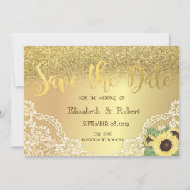 Guld Glitter Bokeh, Spets, Solros Save The Date Spara Datumet