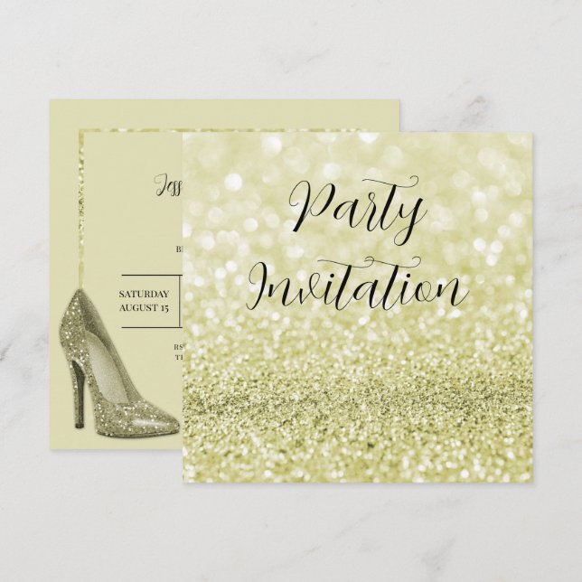 Guld Glitter Bokeh & Stilettos Birthday Inbjudningar (Fram/baksida)