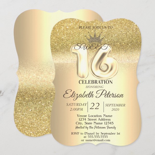 Guld Glitter Bokeh, Tiara, Sweet 16-fest Inbjudningar (Fram/baksida)
