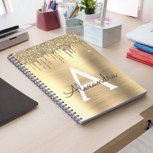 Guld Glitter, borstat Metall Monogram Namn Anteckningsbok