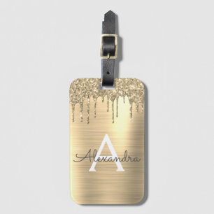 Guld Glitter Borstat Metall Monogram Namn Bagagebricka