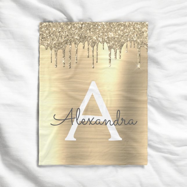 Guld Glitter Borstat Metall Monogram Namn Fleecefilt (Skapare uppladdad)