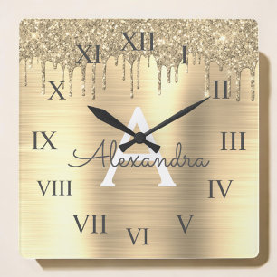 Guld Glitter, borstat Metall Monogram Namn Fyrkantig Klocka