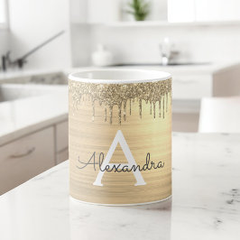 Guld Glitter Borstat Metall Monogram Namn Kaffemugg