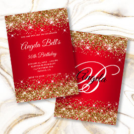 Guld Glitter Bright Red Ombre Finare Monogram Inbjudningar